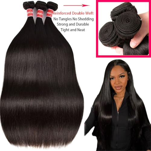 Straight Human Hair Bundles 16 18 20 Inch 12A Brazilian Virgin Straight Hair Bundles 100% Unprocessed Human Hair Weave Bundles Human Hair Extensions for Black Women Natural Black Color