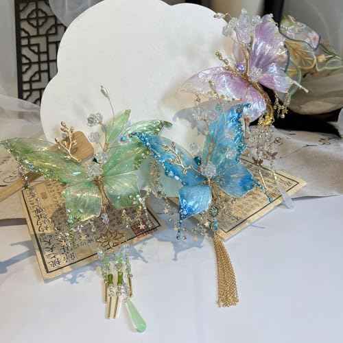 Large Fairy Wing Hair Clips, Butterfly Tears Tassel Hair Clip, 3D Moving Wings Hair Clips, Suitable for Christmas gifts, weddings, Butterfly & Beaded Design Hairs Claws for Hairstyles (Green)