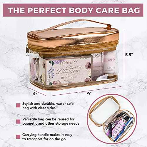 Bath and Body Gift Basket For Women, Cherry Blossom Home Spa Set, Body Lotion, Shower Gel, Extra Large Bath Bomb, Body Butter, Body Scrub, Bath Crystal, Puff & Rose Gold Cosmetic Bag