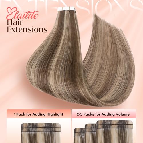 Elailite Tape in Hair Extensions Human Hair Thick Real Remy Hairpieces Medium Brown & Dark Blonde 20 Inch 50g 20pcs Straight Invisible Seamless Skin Weft Best Tape for Women