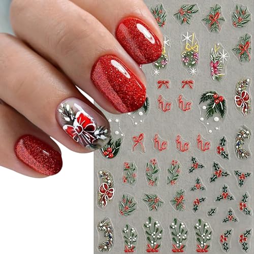 4 Sheets Christmas Nail Art Stickers 5D Embossed Self Adhesive Winter Grass Nail Decals Winter Christmas Tree Elk Snowflake Design Nail Stickers for Women Girls DIY Holiday Manicure Decoration
