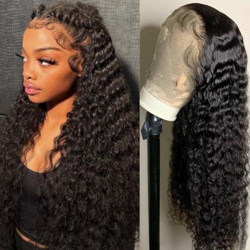 LICHANG Deep Wave Lace Front Wigs Human Hair 4x4 Transparent Lace Closure Wet and Wavy Wigs for Black Women Pre Plucked Human Hair Wig with 180% Density Nature Color 26 Inch
