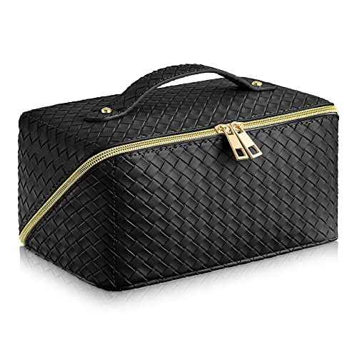 Travel Makeup Bags Large Capacity Women Checkered Cosmetic Bag Portable PU Leather makeup Organizer Bag Open Flat for Easy Access(B-Blcack)