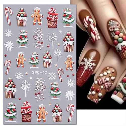 Christmas Nail Art Stickers - Santa Claus, Elk & Gingerbread Man Designs, Winter Xmas Decals, Self-Adhesive, Cute Supplies for Women, 6Pcs