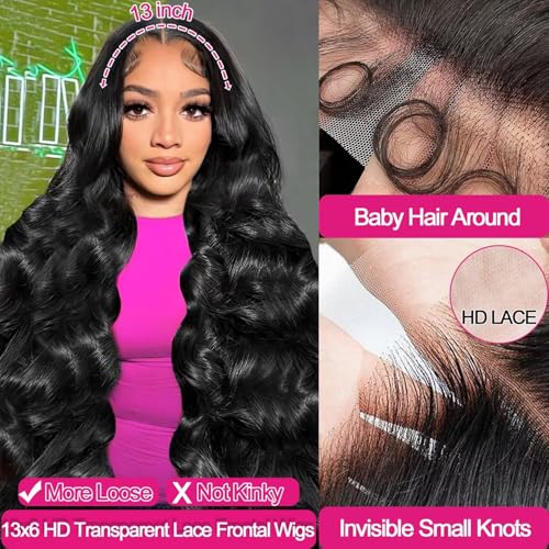 13x6 Lace Front Wigs Human Hair Pre Plucked, 180% Density Body Wave HD Transparent Lace Frontal Wigs with Baby Hair for Women, Glueless Wig, Natural Black, 22 Inch