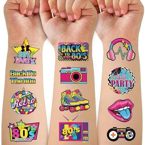 53 PCS 80s Temporary Tattoos, Retro 1980s Hip Hop Party Birthday Decorations Fake Game Console Recorder Tattoo Body Sticker for 80s Birthday Party Favors Supplies Kids Boys Girls Party Bag Filler