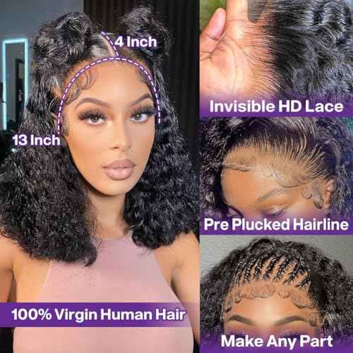 Deep Wave BOB Wig Human Hair 13x4 HD Curly BOB Lace Front Wigs Human Hair Pre Plucked Wear And Go Glueless Short Curly Frontal BOB Wigs For Black Women Wet And Wavy 14 Inch