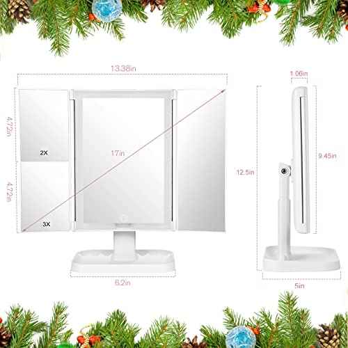Wireless Rechargeable Lighted Makeup Mirror with 3 Color Lighting, 2000mAh Rechargeable Battery, 10x 3X 2X Magnification, 24 LED, 360 Degree Rotation, Gift for Woman (White)