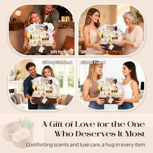 Bath and Body Gift Basket Set for Women - Coconut Vanilla Spa Gift Basket for Women 22pcs Luxury Bath Gift Set with Shower Gel Self Care Pampering Gifts for Mothers Day, Christmas, Birthday Gifts