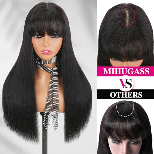 Human Hair Lace Front Wig, 200% Density Brazilian Virgin Hair, Natural Black, Straight Style with Bangs, 2x4 Lace Closure Wig Glueless Design for Women(12 Inch)