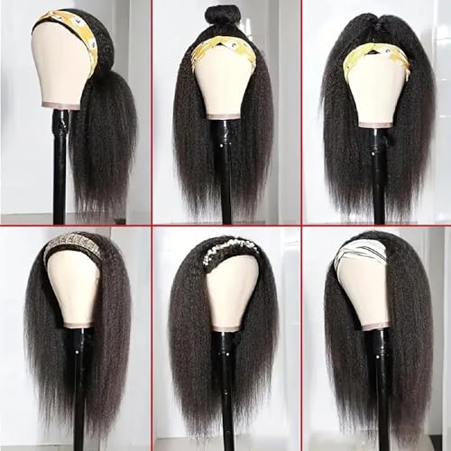 Zealady Human Hair Headband Wig For Black Women Kinky Straight Headband Wig 12A 180 Density Yaki Straight Human Hair Wigs With Headband Attached Half Wig 16 Inch