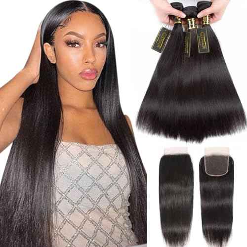 QTHAIR 16A Virgin Hair Brazilian Straight Hair Bundles with 4X4Lace Closure (12'' 14'' 16''+10'') 100% Unprocessed Straight Brazilian Virgin Hair Weave Natural Color