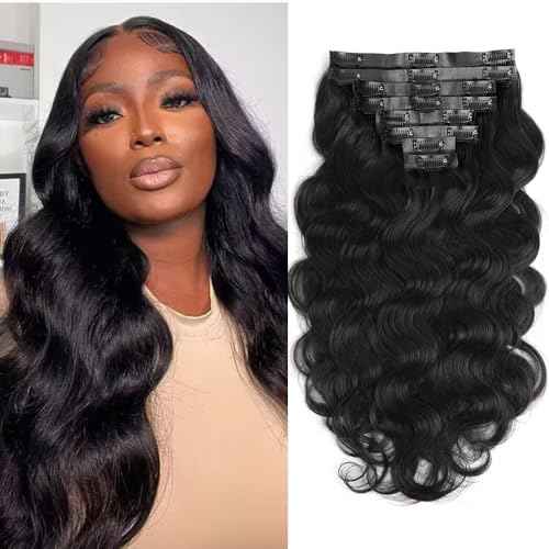 Seamless Clip In Hair Extensions Real Human Hair 8Pcs Body Wave Clip Ins For Black Women Brazilian Virgin Human Hair Extensions with 18 Clips Remy Hair Extensions 120g(14inch, PU Natural Black)