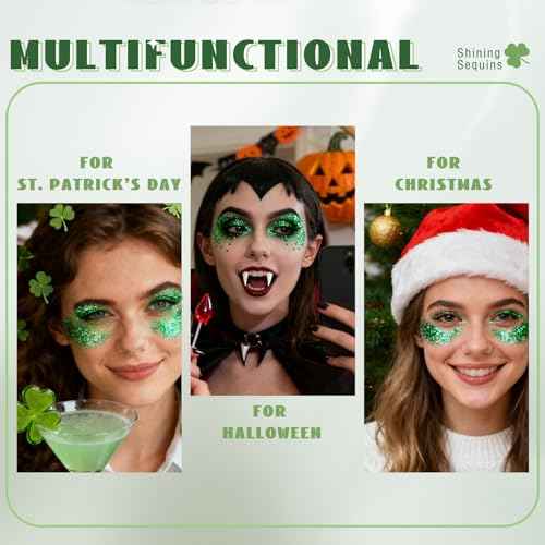 Roll-on Green Body Glitter Gel for Face Hair, St Patricks Day Accessories, Chunky Mermaid Sequins Halloween Festival Party Rave Outfits Christmas Face Paint Glitter Makeup for Women Kids