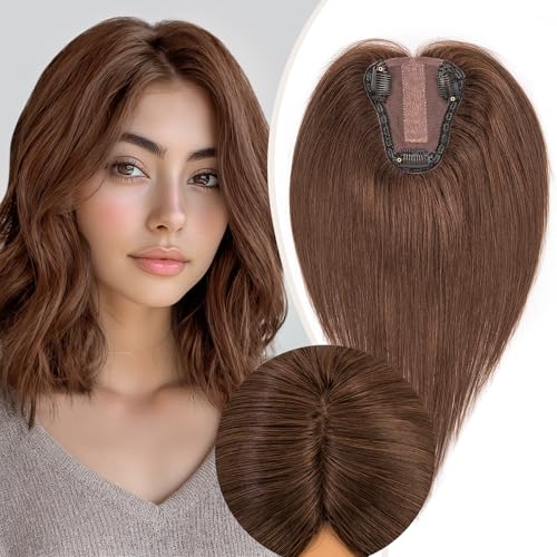 Rich Choices Hair Toppers for Women Real Human Hair 150% Density Clip in Silk Base No Bangs 100% Human Remy Toppper Realistic Scalp Pieces for Women with Thinning Crown 10 Inch #2 Dark Brown