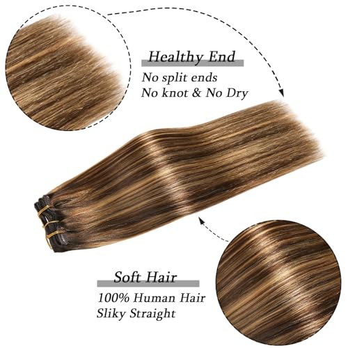 Savasana Clip in Hair Extensions Real Human Hair Straight 7 Pcs Balayage Clip in Hair Extensions Double Weft Thick Chocolate Brown to Caramel Blonde 16 Inch 120g