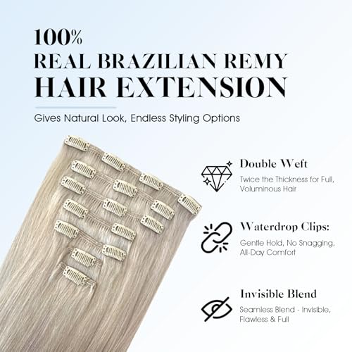 SIYUSI Clip in Hair Extensions Real Human Hair, 100% Brazilian Remy Human Hair Clip Ins, Invisible & Scalp-Friendly, Platinum Silver Color,7Pcs 4.23oz, 16 Inch