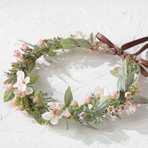 Pink Flower Crown Headband - Handmade Fairy Floral Headbands Green Leaf Flower Headpiece for Women Girls Bridal Renaissance Hair Accessories Birthday Vacation Festival Party Headwear