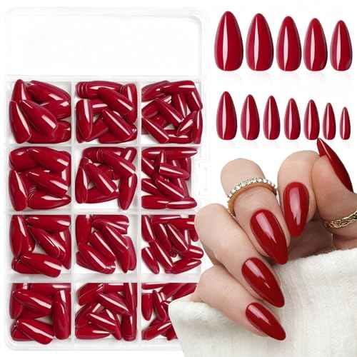 LoveOurHome 240pc Christmas Almond Press on Nails Medium Fake Nail Tips Burgundy Acrylic Nails Press ons Nail Almond Glue on Nail Short Stiletto Fingernail & Glue Adhesive Tabs for Women Girls Kids