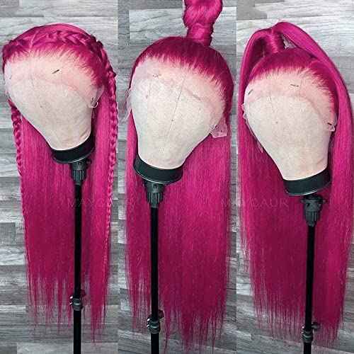 Maycaur Long Straight Hot Pink Lace Front Wigs Pre Plucked Hairline Glueless Hair Rose Red Synthetic Lace Front Wigs for Fashion Women Heat Resistant Fiber