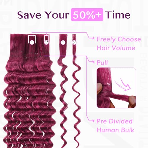 IDN BEAUTY Pre Divided Human Braiding for Boho Braids Hair Extensions, 18 Inch 100g 99J Burgundy Deep Wave Human Hair for Braiding Bohemian No Weft 12A Virgin Brazilian Wet and Wavy