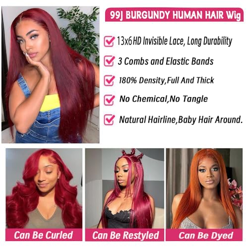 99j Burgundy Lace Front Wigs Human Hair 20Inch 13x6 Lace Front Wigs Human Hair Straight Red 180% Density HD Lace Front Human Hair Pre Plucked Pre Cut Glueless Wigs Colored For Women