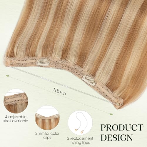 S-noilite Invisible Halo Hair Extensions Real Human Hair,20Inch Golden Brown mix Bleach Blonde Human Halo Extensions with 2clips Adjustable Fish Line One Piece HairExtensions For Women 70g