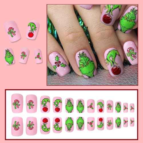 Christmas Press on Nails Short Square Fake Nails Pink Stick on Nails Winter False Nails with Fun Cartoon Green Haired Monster Designs Xmas Candy Cane Press on Nails for Women Girls Holiday Manicure