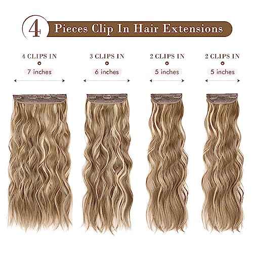 REECHO Hair Extensions, 4PCS Clip in Hair Extensions HE001 Natural Soft Synthetic Hairpieces for Women (20 Inch-200 Gram (Pack of 4), Dark Blonde with Light Blonde Highlights)