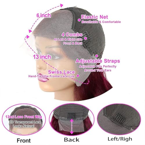 99j Burgundy Lace Front Wigs Human Hair 20Inch 13x6 Lace Front Wigs Human Hair Straight Red 180% Density HD Lace Front Human Hair Pre Plucked Pre Cut Glueless Wigs Colored For Women