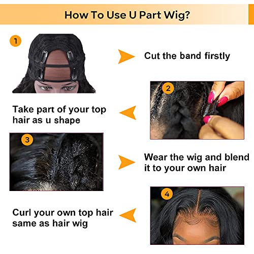 U Part Human Hair Wig Body Wave Drawstring Wig 180% Density U Part Wig Brazilian Virgin Human Hair wigs for Women Full Head Clip in Half Wigs Glueless No Leave Out Lace Front Wig Natural Color 14inch