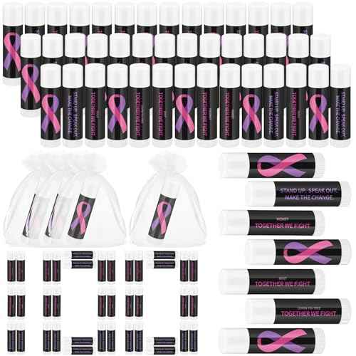 Fumete 100 Pcs Domestic Violence Awareness Items Lip Balm Bulk Pink Ribbon and Purple Ribbon Breast Cancer Awareness Moisturizer and Nourishing Lip Balm Gifts for Women Party Supplies, 4 Scents