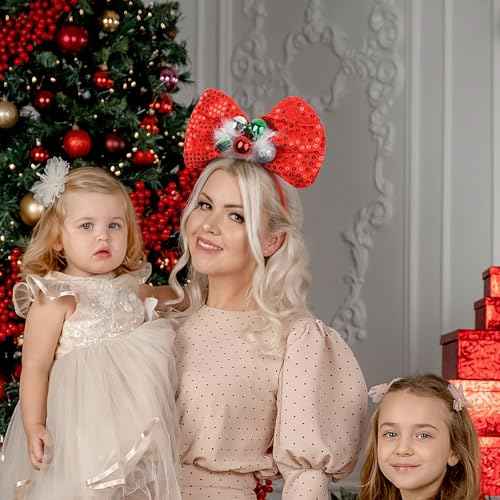 Doneace Christmas Bow Headband Red Sequins Hair Bands Glitter Green Bell Bowknot Headdress Design Christmas Hair Accessories for Women Girls Xmas New Years Festival Holiday Party Supplies