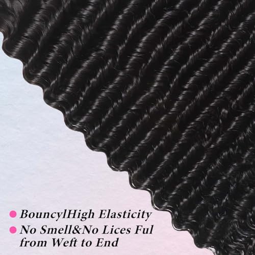 12A 3Bundles Human Hair 14 16 18 lnch Deep Wave Bundles Human Hair 100% Unprocessed Virgin Deep Curly Bundles Extensions Natural Black