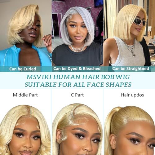 Blonde Bob Wig Human Hair, 613 Straight Bob Wig 100% Human Hair,Glueless 613 UHD Lace Front Wig Human Hair 13x4 Full Lace Wigs Human Hair Pre-Cut 10inch Blonde Brazilian Wig 200% Density