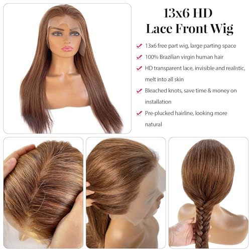 13x6 Lace Front Wig Human Hair 22 Inch Brown Balayage 13x6 HD Lace Frontal Wigs Pre Plucked with Baby Hair Outre Melted Hairline Lace Front Wig Straight Human Hair Wigs Deep Parting Lace Frontal Wig