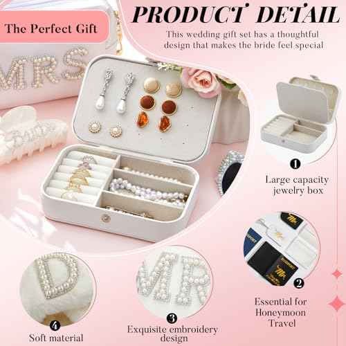 14 Pcs Bridal Shower Gifts Set Including Mrs Mr Travel Passport Tag Tote Cosmetic Bag Jewelry Box Claw Hair Clip Hair Tie Heart Sunglasses for Honeymoon Wedding Supplies(Women 9-10)