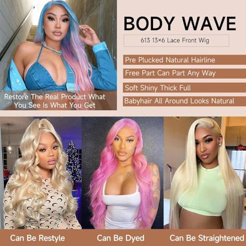 613 13x6 Lace Front Wig Human Hair 22-Inch Blonde Wig Body Wave for Black Women 200% Density Pre Plucked Glueless HD Lace Frontal Wig