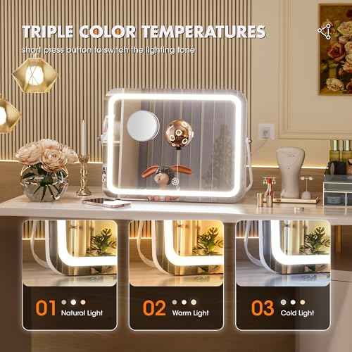 Hasipu Vanity Mirror with Lights, 16" x 12" LED Makeup Mirror, 3 Modes Light, Smart Touch Control Dimmable, 360¡ÆRotation, Rectangle White Frame, with 5X Magnifying Glass