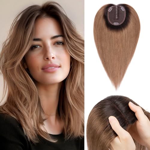 Benehair 100% Remy Human Hair Toppers for Women 12 Inch Hair Pieces for Thinning Hair No Bangs with 4 * 4.7'' Hand Made Lace Base with 3 Clips Real Hair Toppers for Women Ombre Dark Brown
