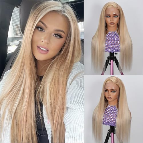 Ash Blonde Wig Human Hair with Chestnut Brown Deep Part 13x6 HD Balayage Lace Front Wigs for White Women Highlights Glueless Wigs Pre Plucked Human Hair Bleached Knots 180%Density Ombre Ash Brown Wig