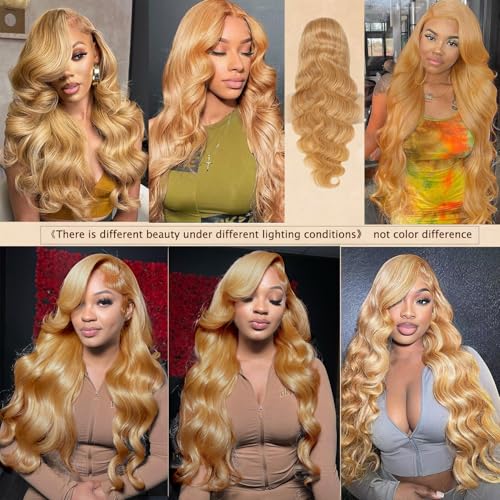 Honey Blonde Lace Front Wig 13x6 HD Lace Front Wigs Human Hair Pre Plucked 27# Blonde Body Wave Lace Wig 180 Density Colored Glueless Frontal Wigs For Black Women Human Hair 13x6 22 Inch