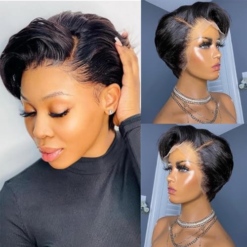 Pixie Cut Wig Short Lace Front Wigs Transparent Lace Front Wigs Straight Glueless Wigs Pre Plucked With Baby Hair Natural Hairline 8 inch