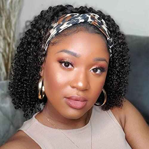 Short Curly Headband Wigs Human Hair Wig for Black Women, Glueless Kinky Curly Weave Wigs 100% Unprocessed Hair None Lace Front Wigs Color 1B 150% Density (14", 1B, Curly)