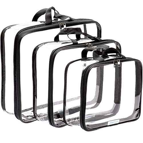 Clear Compression Packing Cubes 3 Set - Large See-Through Plastic Suitcase Bags for Travel - Luggage Compressable Organizers - Transparent PVC Collapsible Cosmetic Bag for Backpack Black