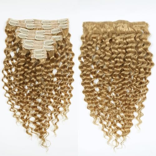 Curly Clip in Hair Extensions Real Human Hair 24inch 120g Invisible & Seamless 100% Brazilian Remy Human Extension Deep Wave Clip ins Extensions Double Weft 8 PCS with 20 Clips #27 Honey Blonde