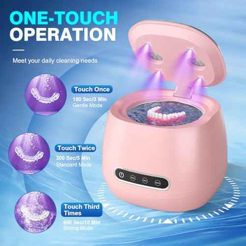 Rechargeable Ultrasonic Retainer Cleaner Machine, 45kHz Portable Dental Cleaning Pod for Dentures, Night Guards, Braces, Aligner, Toothbrush, Jewelry, 3 Cleaning Modes, 200ML Capacity, Pink