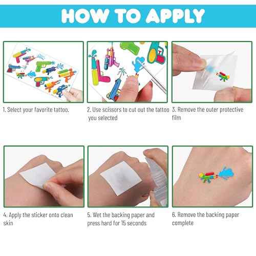 100 PCS Pool Summer Water Gun Temporary Tattoos Sticker Beach Themed Birthday Party Decorations Favors Supplies Gifts Girls Boys Water Game Cute Tattoo Songkran Festival School Reward