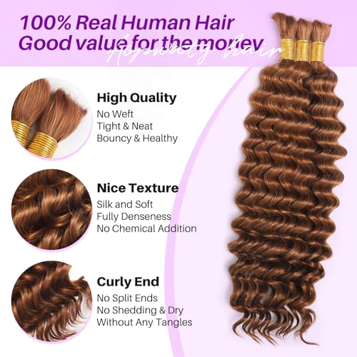 Human Braiding Hair for Boho Braids, Deep Wave Bulk Boho Braids Human Hair for Knotless Curly Bohemian Water Wave Braiding 110g 24 Inch Auburn Ginger (3 No Weft Bundles/Pack)