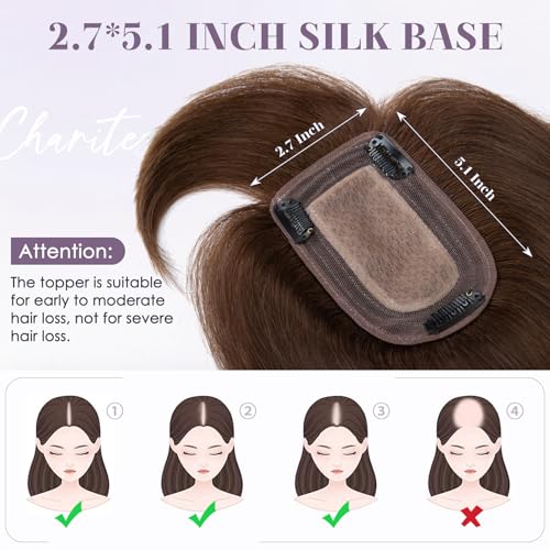 Hair Toppers for Women Real Human Hair 12 Inch Long Straight Toppers for Women with Thinning 7 * 13CM Silk Base Clip in Hairpieces with Bangs (Medium Brown)
